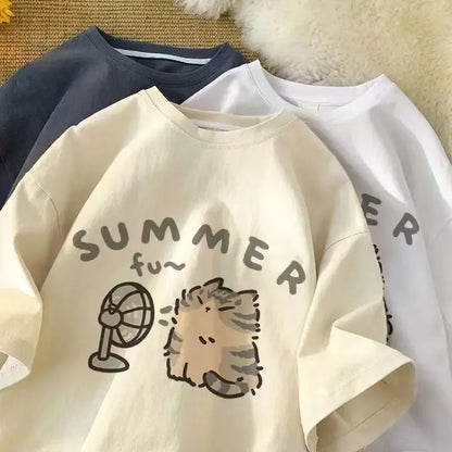 American Street Creative Blow Fan Cat Pure Cotton T-shirt for Men and Women Summer Relaxed Short Sleeve Couple Wear INS Top Street King Limited