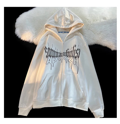 Y2K Kawaii Devil Horn Tail Hip Hop Badge Print Hoodies Cardigan Couples Street Loose Casual Zip Up Sweatshirt Harajuku Clothes Street King Limited