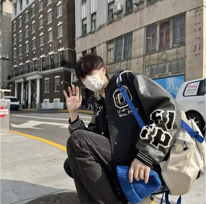 american retro mens baseball uniform street harajuku patchwork leather loose jackets color block towel embroidery trend coats unique default style 2922