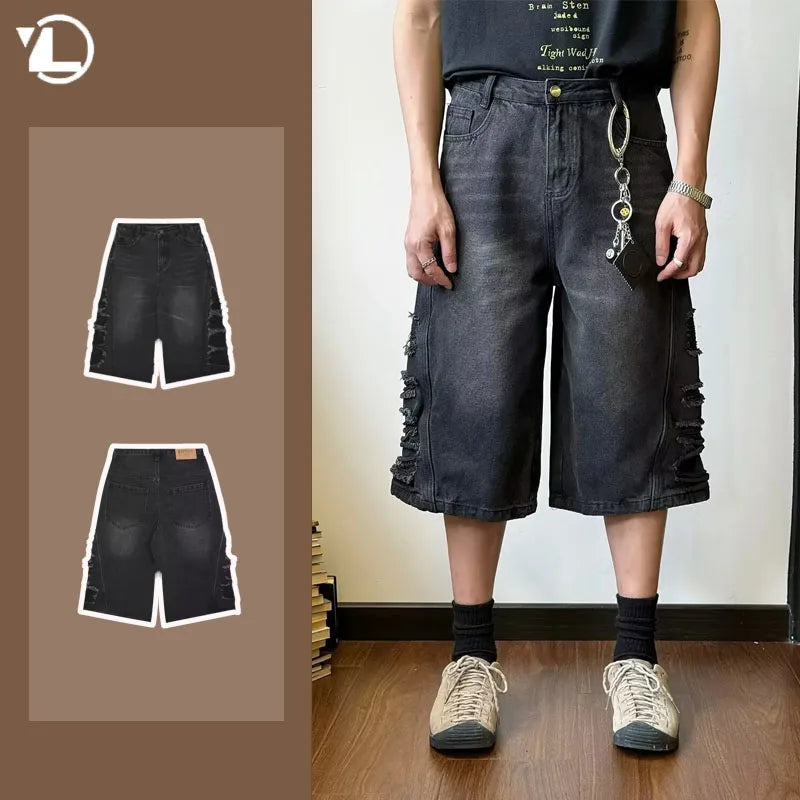 mens hip hop washed denim shorts broken hole folds burr edge street punk cowboy middle pants pockets bomber quarter pants y2k urban skinny jeans