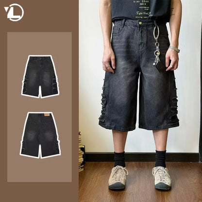 mens hip hop washed denim shorts broken hole folds burr edge street punk cowboy middle pants pockets bomber quarter pants y2k urban skinny jeans