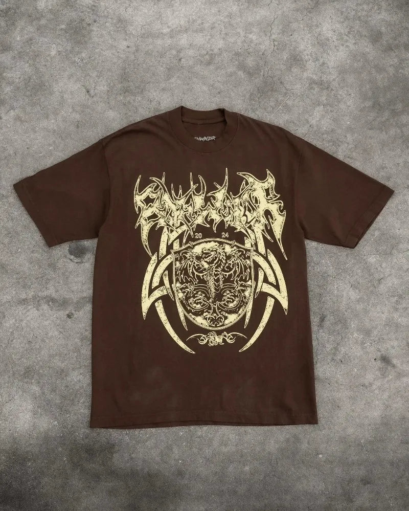 American Trendy Gothic Dragon Letter Printed Oversized T-Shirt Men's 2024 Streetwear Fashion Loose Round Neck Short Sleeve Top Street King Limited