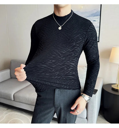 Semi-turtleneck Stretch Slim Fit T Shirt Men Long Sleeve Thicken Velvet Tiger-pattern Bottom T-shirt Business Casual Tshirt Street King Limited