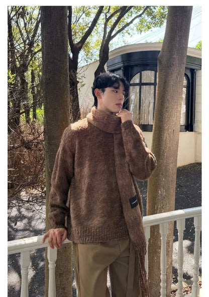 Autumn Warm Sweater Mens Korean Street Simplicity Round Neck Pullover+Solid Color Scarf Two-piece Set Casual Knitted Tops Trend Street King Limited