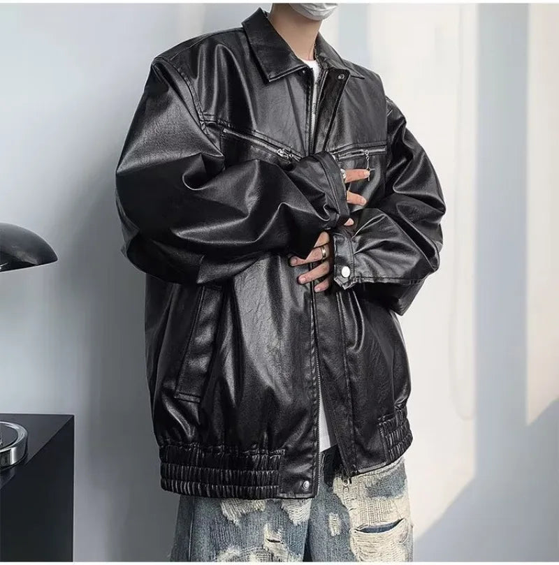 retro motorcycle pu leather jacket mens high street punk zipper decoration loose coats unisex hip hop fashion outwear spring unique default style 2049