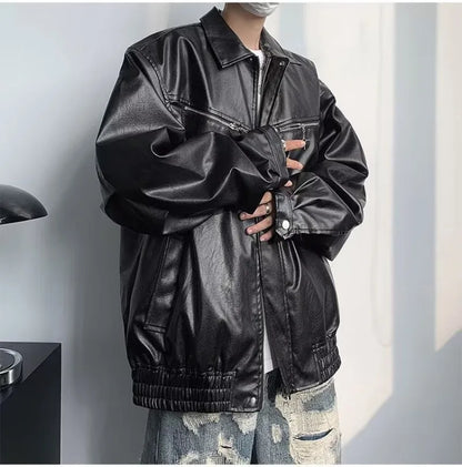 retro motorcycle pu leather jacket mens high street punk zipper decoration loose coats unisex hip hop fashion outwear spring unique default style 2049