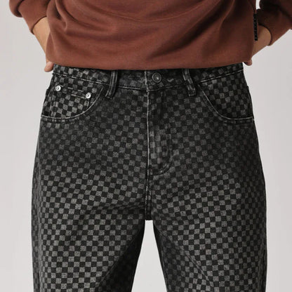 men streetwear fashion hip hop loose casual print black plaid denim pant jeans man vibe straight cowboy baggy jeans trousers unique jeans style 1450