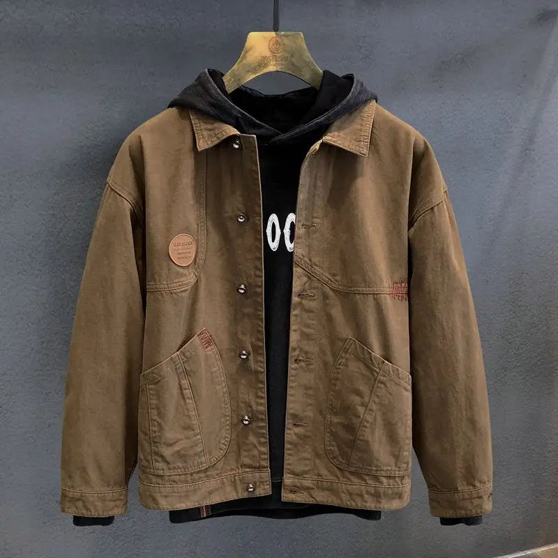 american retro workwear jacket for boys loose spring and autumn high street japanese style khaki casual trendy denim jacket tops unique jeans style 4881