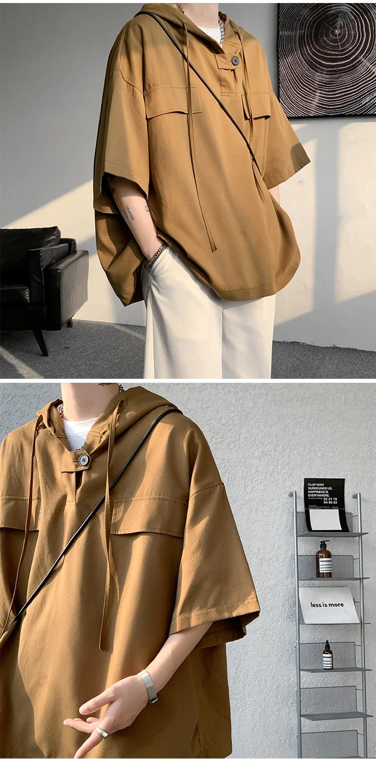 5 Colors Summer Hooded T shirt Men Korean Half Sleeve Pullover Streetwear Loose T-shirt Tops Drawstring Men Clothing Street King Limited