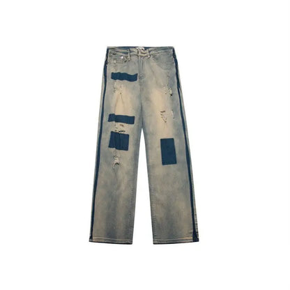 men and women trendy high street retro washed ripped color blocked jeans summer hip hop loose straight leg casual pants y2k denim street jeans
