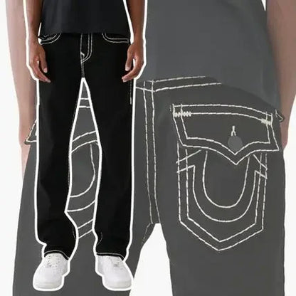 true religion y2k gothic vintage hip hop street leisure denim pants fashion embroidered straight leg wide leg jeans men clothing unique jeans style 4019