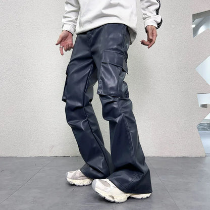 pu leather pants mens streetwear fashion hip hop vibe casual faux leather cargo flared pant men motorcycle trousers unique cargo style 2931