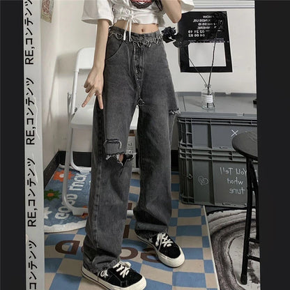 xpqbb vintage streetwear dark gray jeans women y2k high waist ripped denim trousers female 2022 new design loose wide leg pants unique jeans style 2609