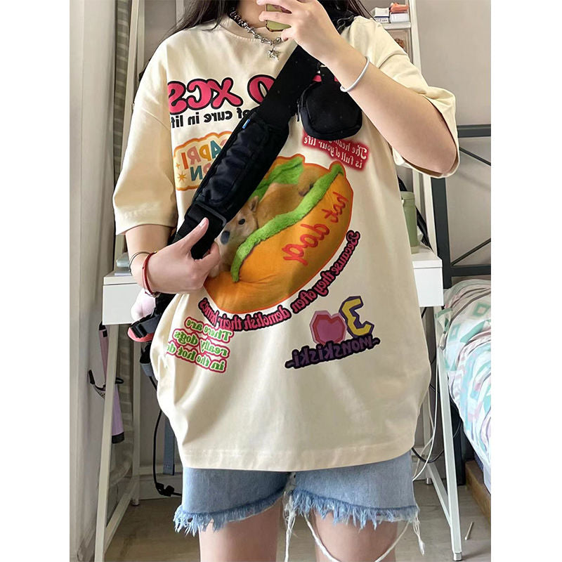 New Apricot American Vintage Creative Animal Hot Dog Cartoon T Shirts Hip Hop Street Oversized Y2K Tops Cotton Loose Summer Tee Street King Limited