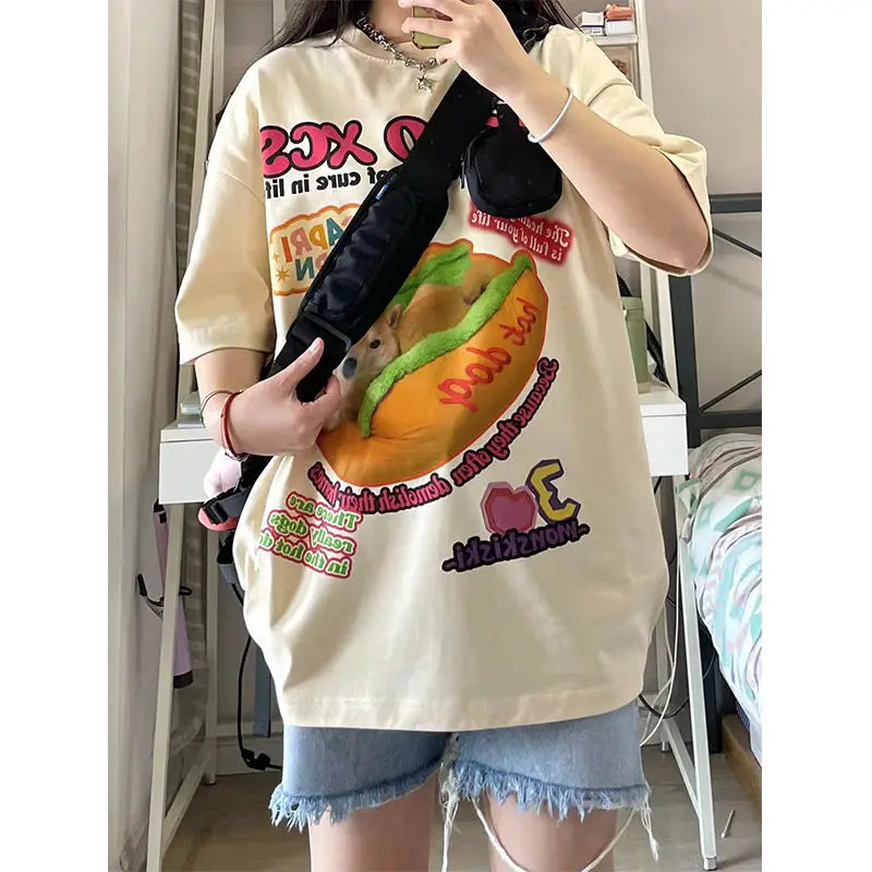 New Apricot American Vintage Creative Animal Hot Dog Cartoon T Shirts Hip Hop Street Oversized Y2K Tops Cotton Loose Summer Tee Street King Limited
