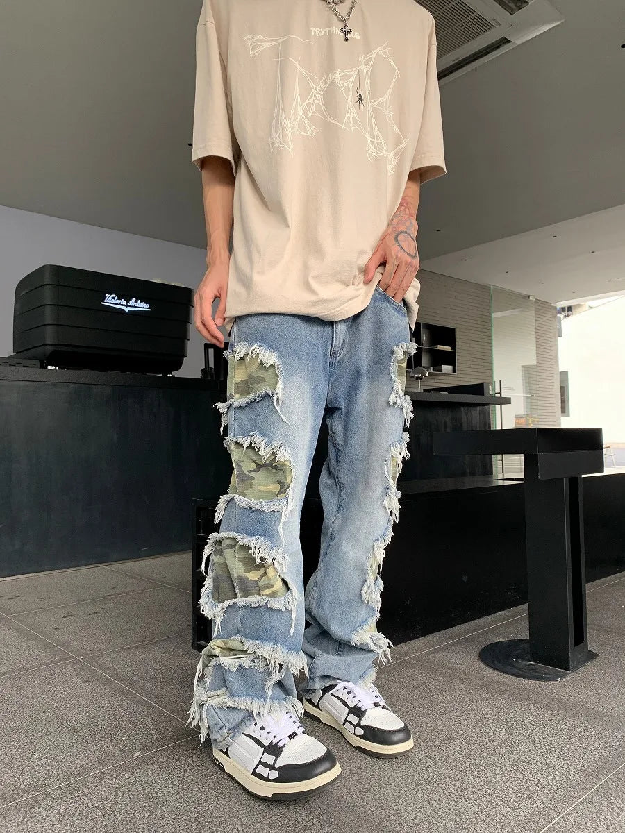side destroyed ripped holes denim jeans pants mens casual patchwork camouflage loose straight joggers hip hop streetwear jeans unique joggers style 3067