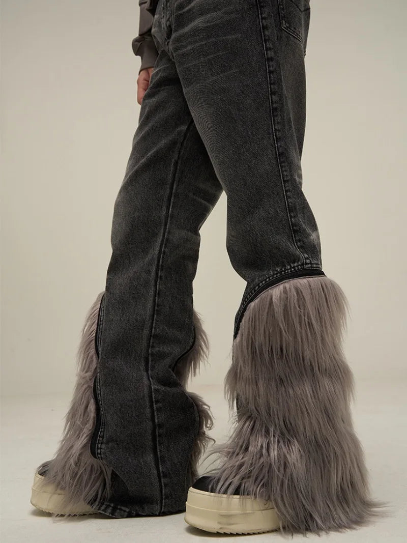 harajuku denim straight jeans men trousers high street zipper detachable fur bottom streetwear casual loose joggers jean pants sporty tapered joggers