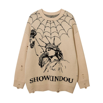 Hip Hop Knitted Sweater Mens Winter O-neck Harajuku Pattern Pullover Streetwear Casual Loose Pullover Sweaters Jumper Knitwear Street King Limited