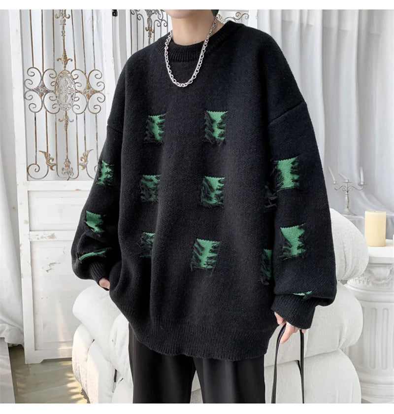 2025 New Ripped Design Crewneck Sweater For Men High Street Patchwork Knitted Jumpers Y2K Vintage Christmas Knitwear Pullovers Street King Limited