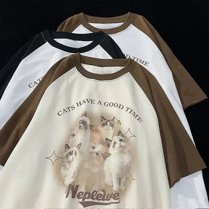 Cotton Cute Cat Graphic T shirt Summer Fashion Loose Women Vintage Personality Fresh art kawaii clothes Short Sleeve Tops Street King Limited