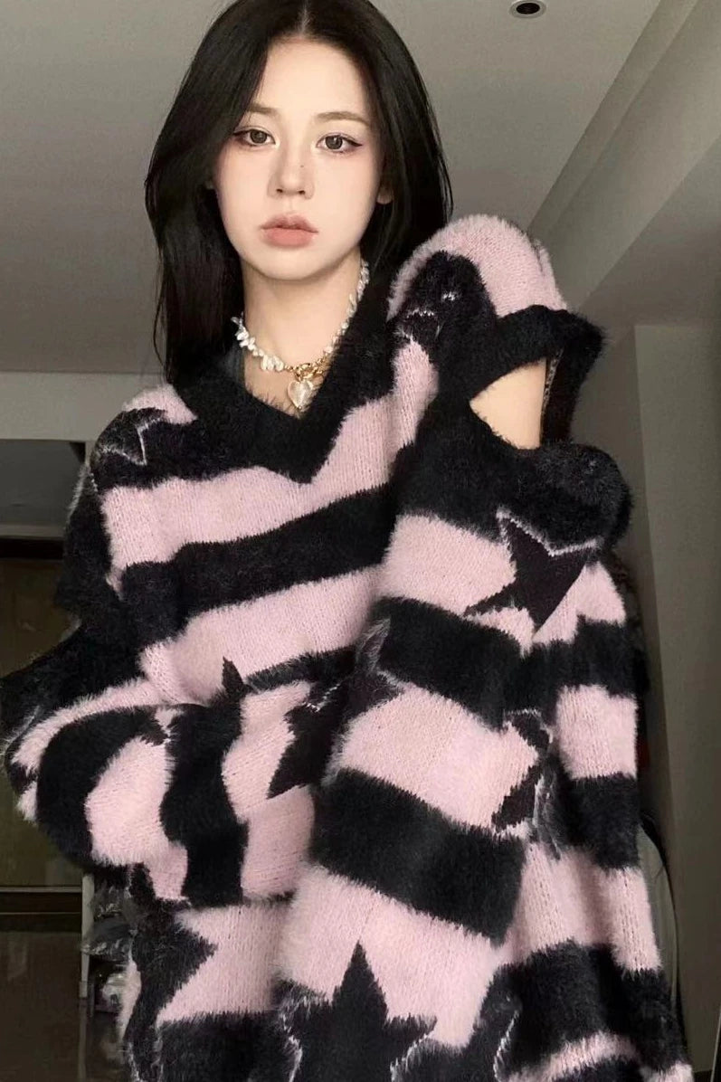 Punk Gothic Long Sweater Women Furry Knitted Sweaters Y2K Streetwear Loose Hollow Out Detachable Pullovers Harajuku Sexy Tops Street King Limited
