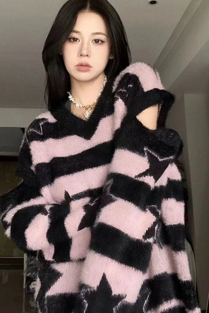 Punk Gothic Long Sweater Women Furry Knitted Sweaters Y2K Streetwear Loose Hollow Out Detachable Pullovers Harajuku Sexy Tops Street King Limited