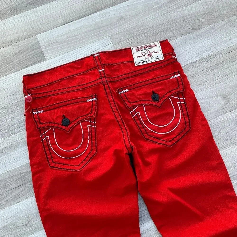 true faith embroidered jeans vintage street gothic loose casual denim hip hop red trousers couples baggy pants y2k clothes unique jeans style 3927