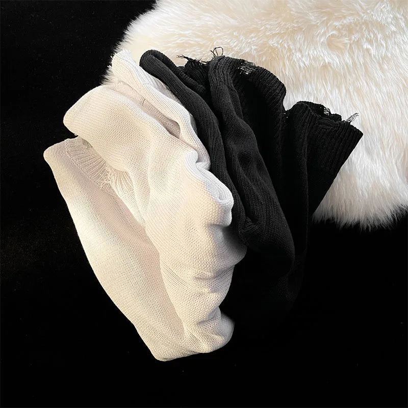 Men White Pullover Sweaters Ripped Harajuku Chic Couple O-neck Knitwear Casual Minimalist Long Sleeve Jumpers Homme Handsome Top Street King Limited