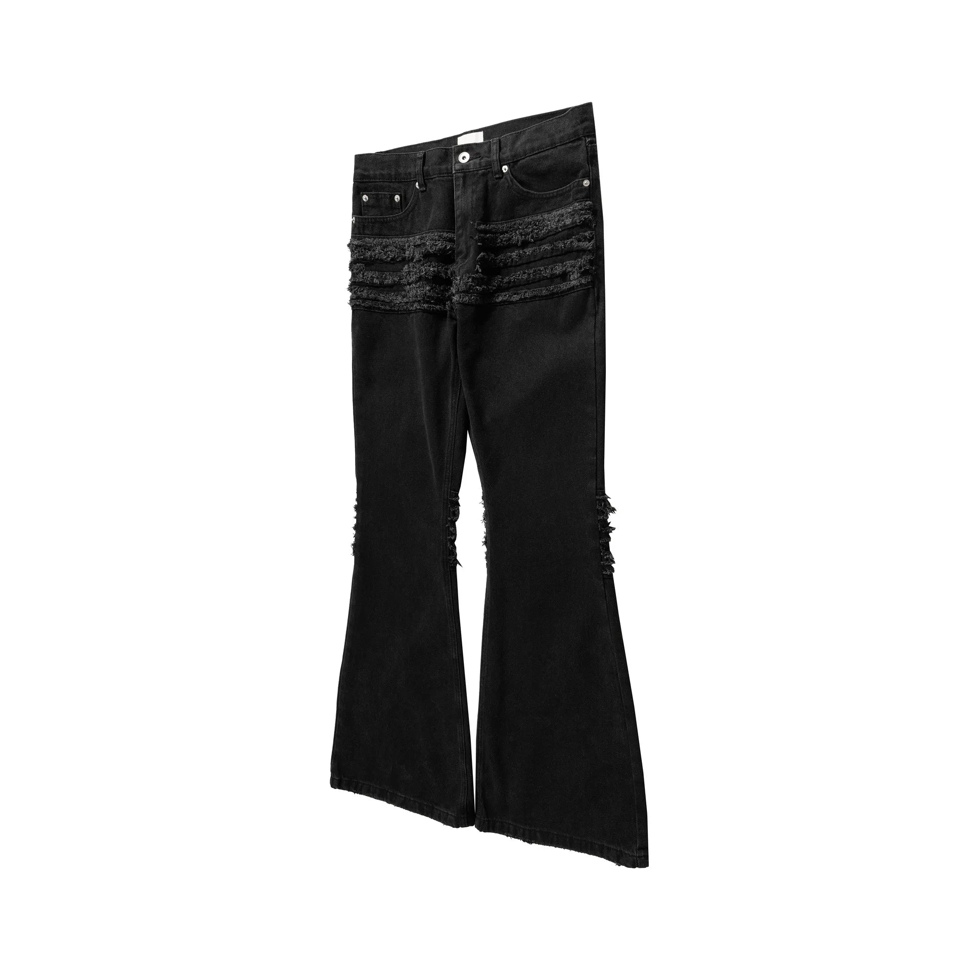 y2k streetwear trendy oversized micro flare jeans black ro hip hop washed tassel distressed denim jean raw edge mens wide pants unique jeans style 4775