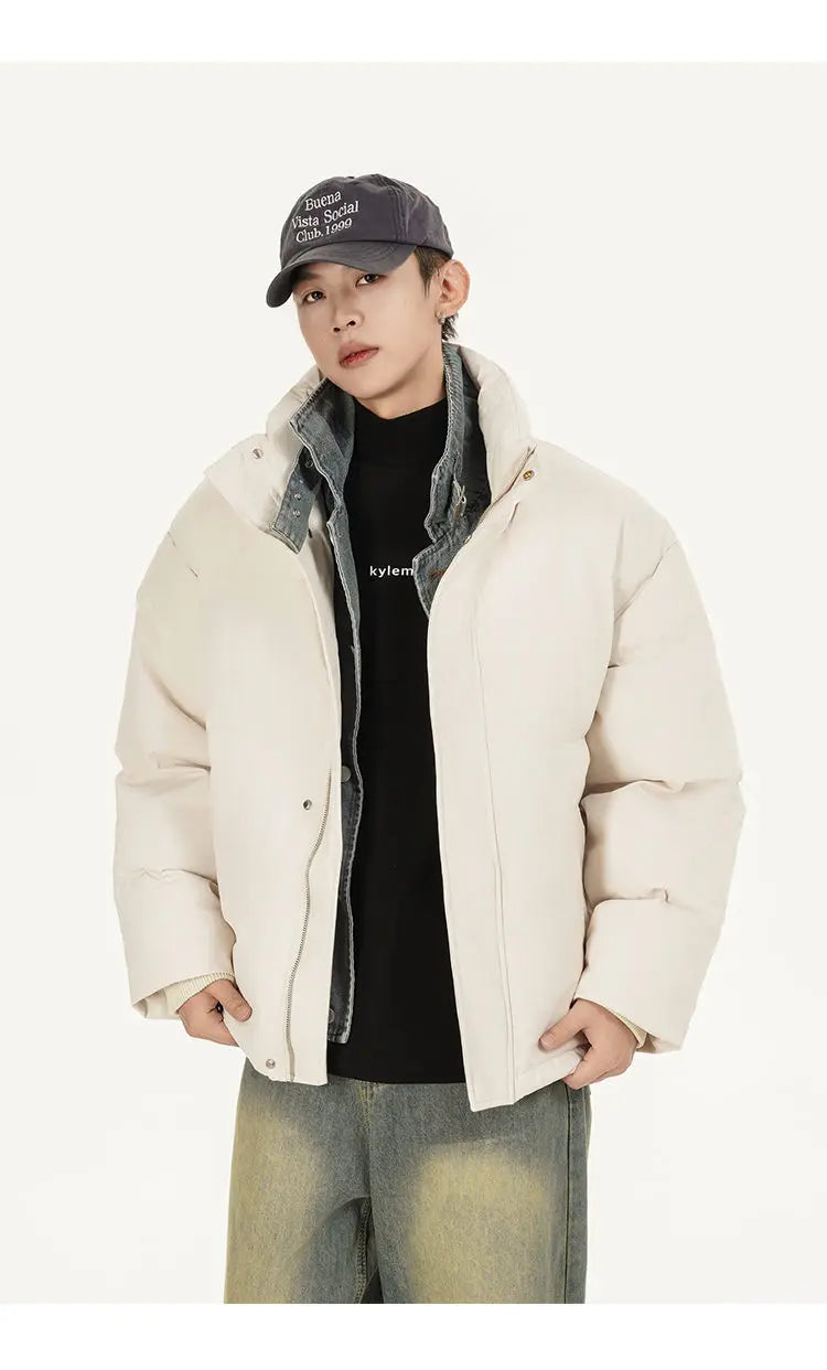 Winter Splice Denim Cotton-padded Jacket Men Women Stand Collar Fashion Loose Casual Thicken Warm Parkas Jacket Boyfriend Coat Street King Limited