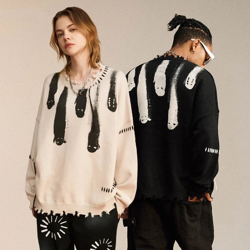 Hip Hop Sweaters Men Streetwear Y2K Grunge Ripped Ghost Punk Gothic Knitted Jumpers Autumn Harajuku Casual Pullover Sweaters Street King Limited