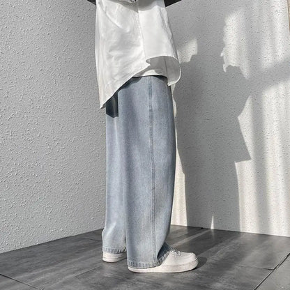 korean mens casual long jeans loose retro straight baggy pants denim wide leg pants light blue grey black retro washed jeans unique jeans style 1236