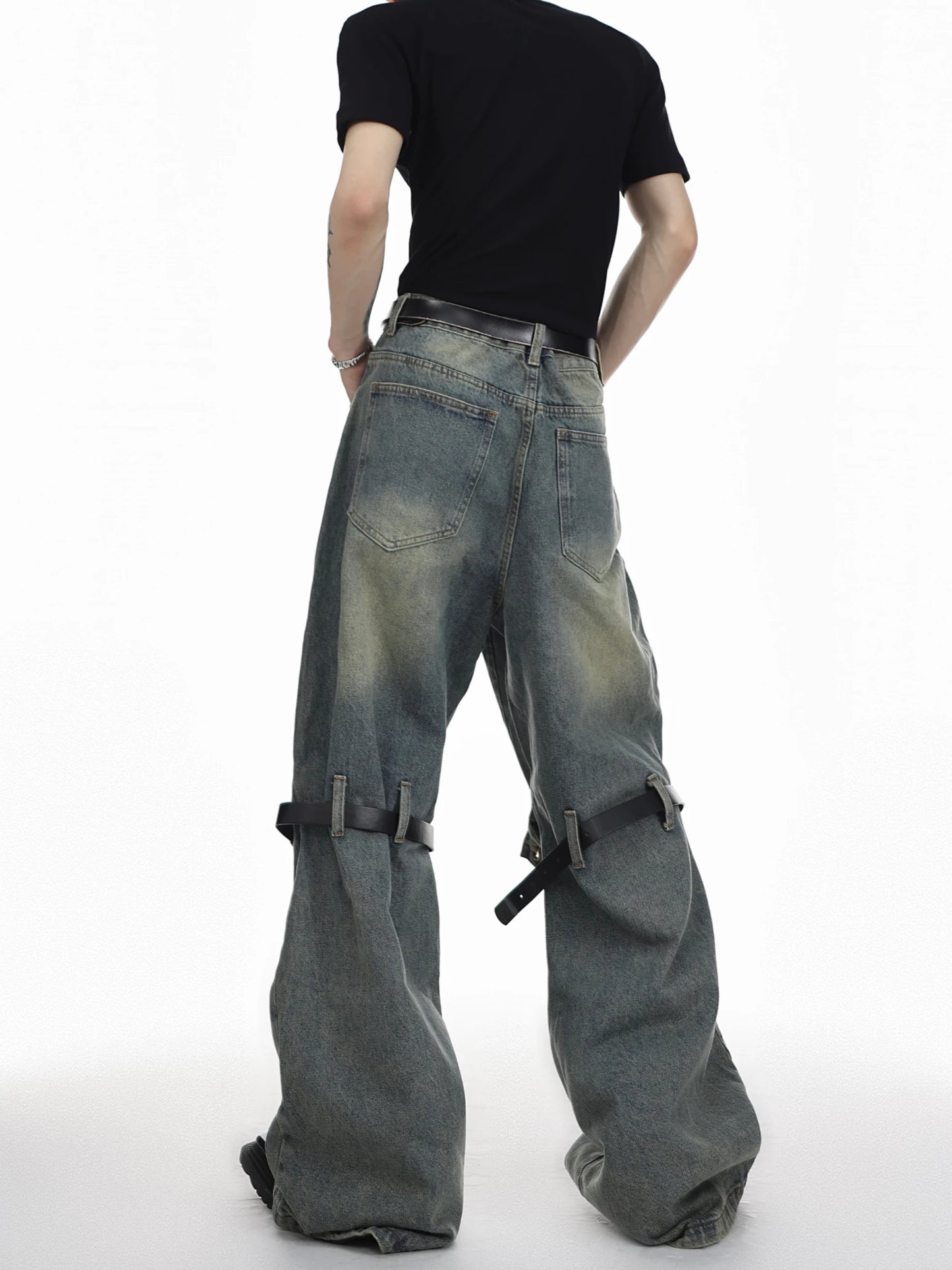 mens knee patchwork belts denim jeans unisex hip hop fashion streetwear harajuku loose flare straight y2k jean pants joggers unique joggers style 3280