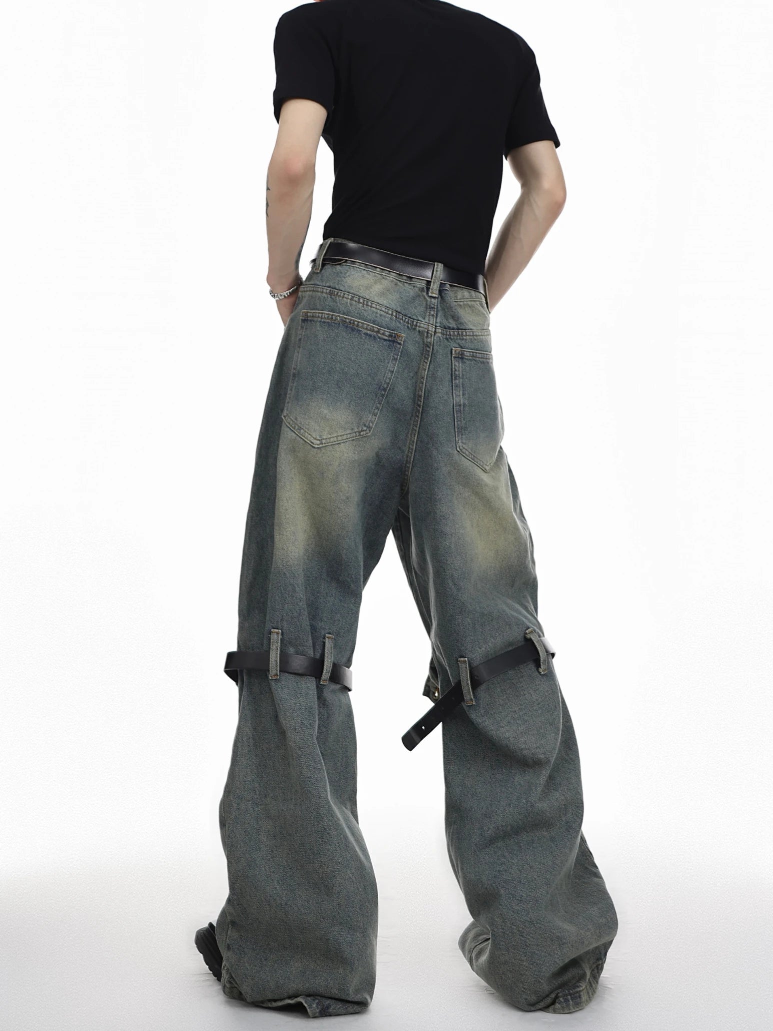 mens knee patchwork belts denim jeans unisex hip hop fashion streetwear harajuku loose flare straight y2k jean pants joggers unique joggers style 3280