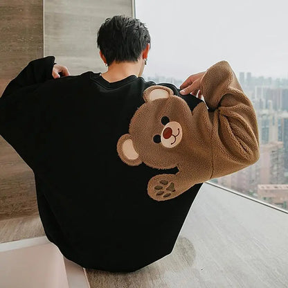 Long-sleeved Round Neck Sweater Lamb Hair Embroidery Flocking Sweater Loose Warm Winter Men's Bear Street King Limited