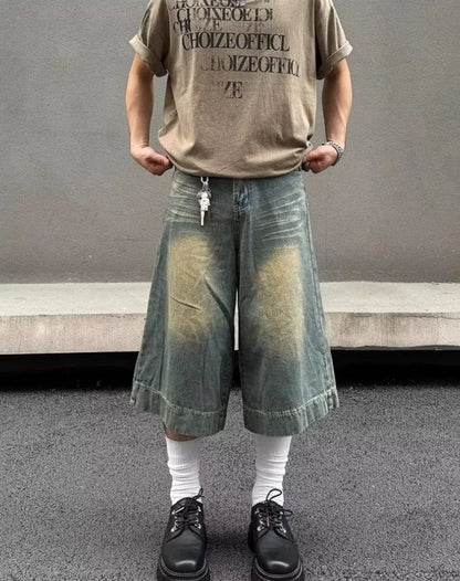 Summer Trend Denim Cropped Trousers Mens American Hip Hop Washed Wide Leg Shorts Unisex  High Street Straight Cowboy Mid Pants Street King Limited
