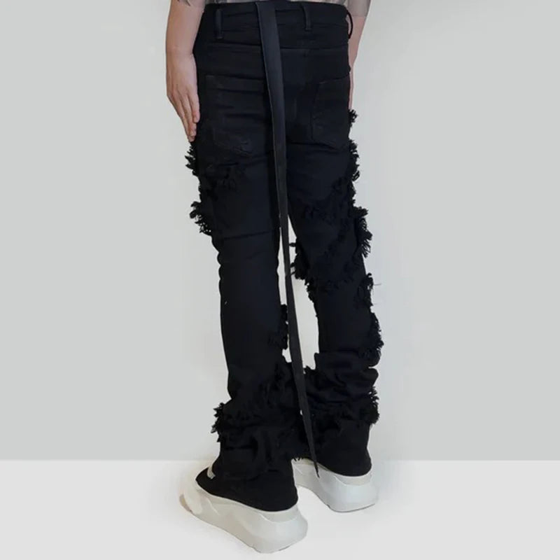 ro ribbons tassel high elasticity black jeans for men pantalones hombre straight baggy flare pnats oversized y2k denim trousers stacked flare jeans