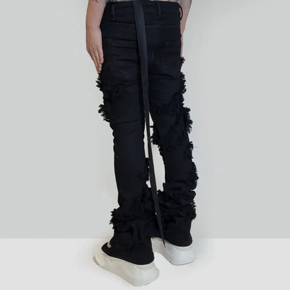 ro ribbons tassel high elasticity black jeans for men pantalones hombre straight baggy flare pnats oversized y2k denim trousers stacked flare jeans