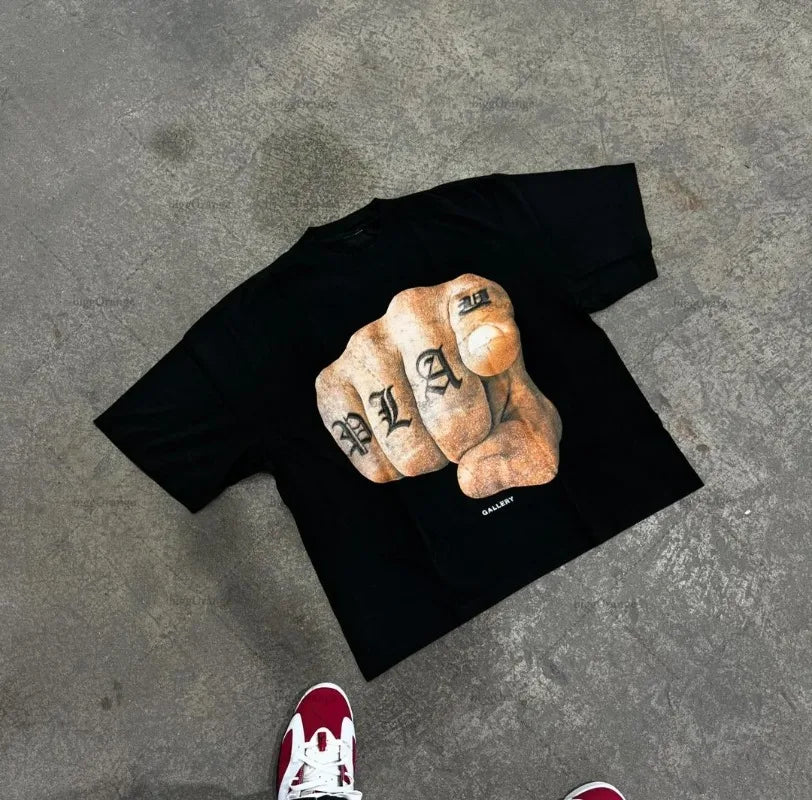 2024 Y2k Harajuku Retro Oversized Short Sleeve Men Letter Cartoon Print T-Shirt High Street Trendy Versatile Clothing Women Street King Limited
