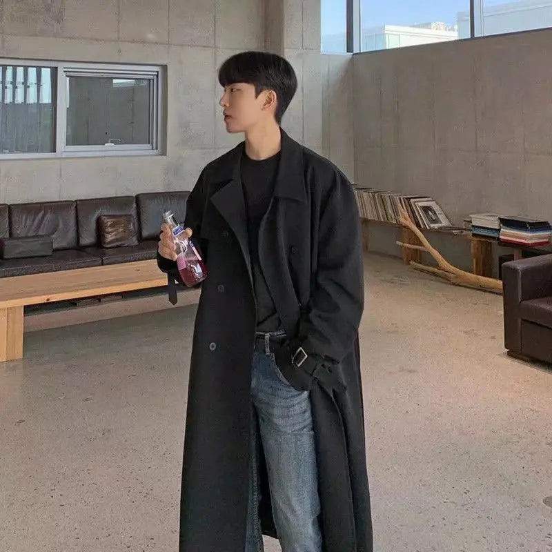 Khaki Black Trench Coat Men Fashion Autumn Oversized Long Coat Men Korean Loose Windbreaker Jacket Mens Overcoat M-2XL Street King Limited