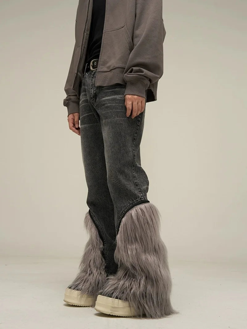 harajuku denim straight jeans men trousers high street zipper detachable fur bottom streetwear casual loose joggers jean pants casual joggers