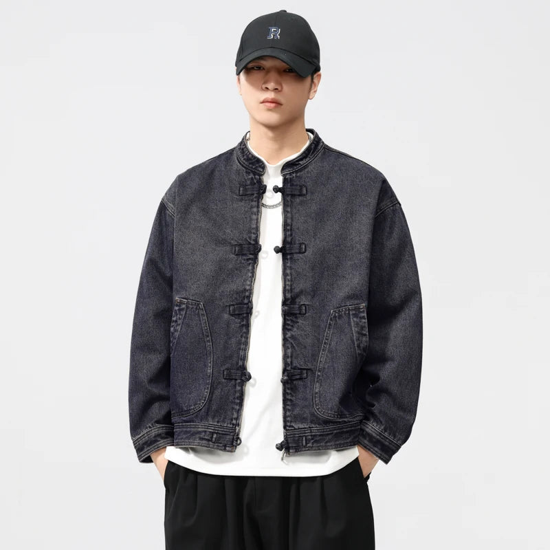 men spring autumn streetwear fashion retro loose casual plus size stand collar denim jacket man jeans coat outerwear unique jeans style 912