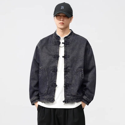 men spring autumn streetwear fashion retro loose casual plus size stand collar denim jacket man jeans coat outerwear unique jeans style 912