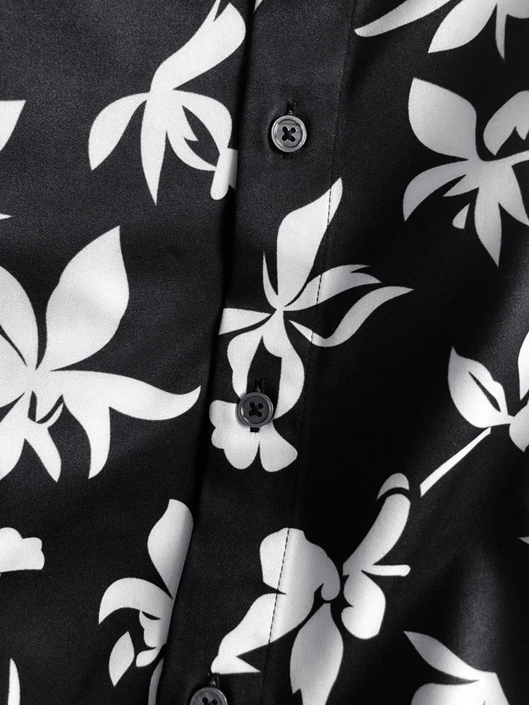 New 2021 luxury Men Classic Hibiscus Flowers Fashion 50% Silk Casual Shirts Shirt high quality Pocket Short sleeves #A48 Street King Limited