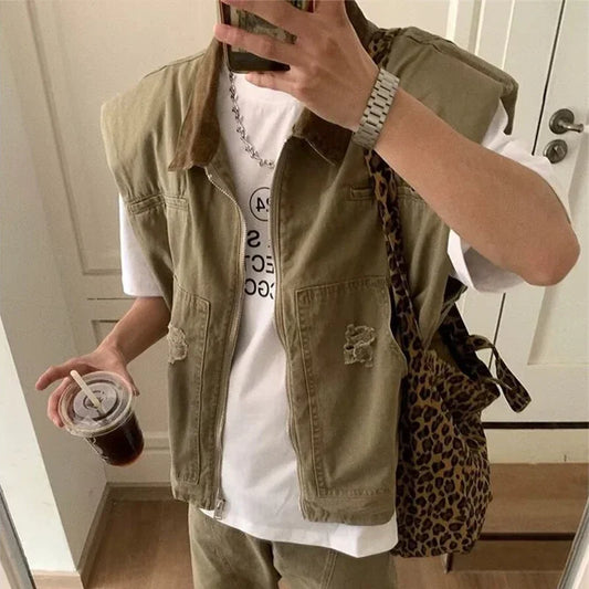 autumn mens zipper sleeveless denim jackets outwear streetwear khaki cargo vest coats 2024 new hip hop fashion working clothes utility cargo pants
