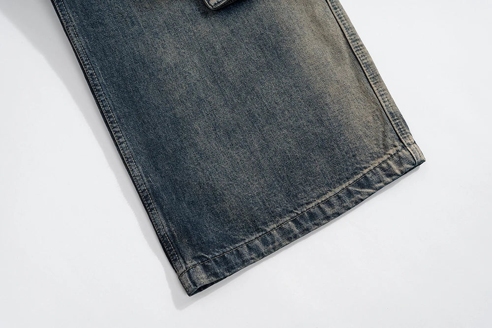 RO Style Gradient Ribbons Multi-pockets Drawstring Jeans for Men Harajuku Streetwear Baggy Y2K Denim Trousers Oversized Cargos Street King Limited