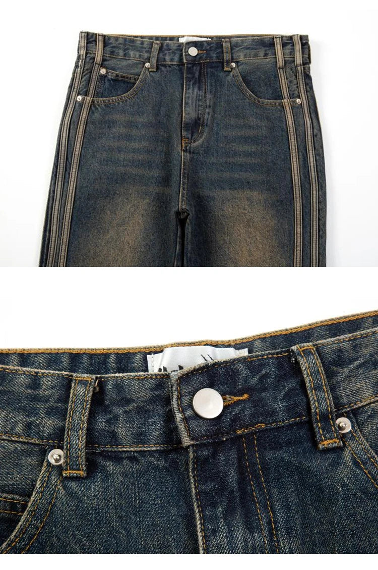 high street vibe washed striped flared jeans dark blue distressed jean casual side stripes slim micro flared jeans pants male unique jeans style 1667