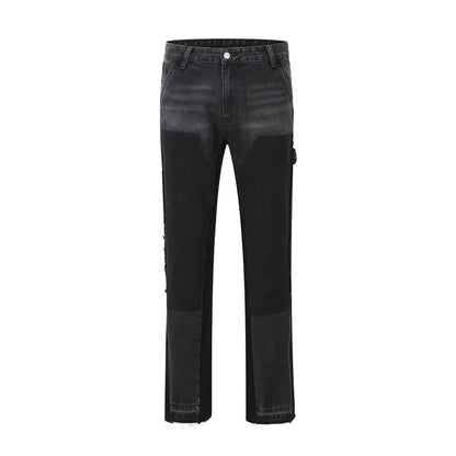 high street patchwork ripped black jeans pants for men straight retro casual sashes pockets denim trousers oversized loose jean unique jeans style 2823