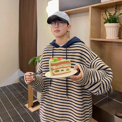 Y2K Striped hooded sweater for men and women autumn and winter American retro trend couple lazy loose and casual knitted top Street King Limited