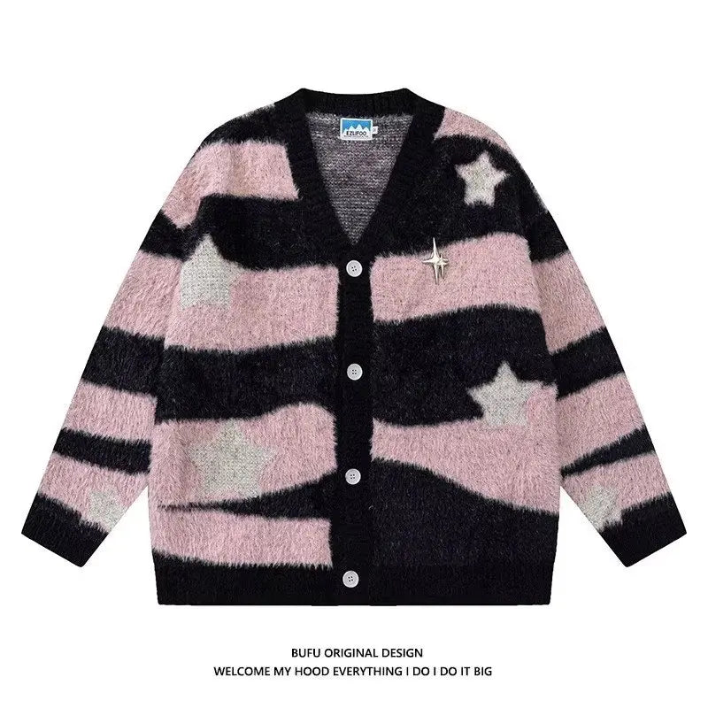 Knitted Cardigan Sweater Men Women Autumn Patchwork Knitted Jumpers Harajuku Loose Hip Hop Streetwear Y2K Star Pattern Jackets Street King Limited